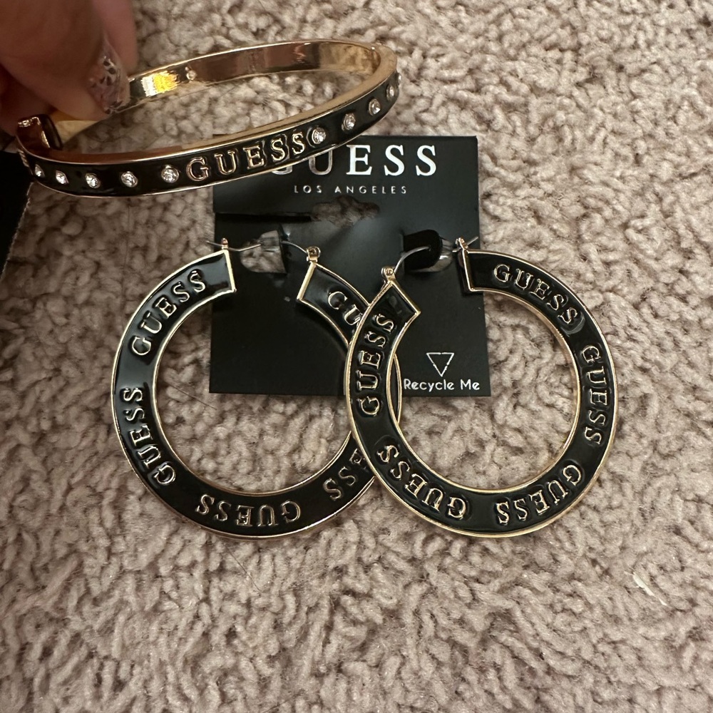 GUESS Black and Gold Logo Hoop Earrings